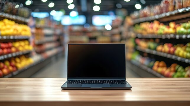 A slim laptop on a wooden table inside a supermarket, mockup shot, professional product photography