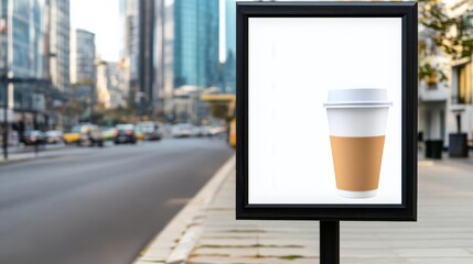 Billboard promoting a new coffee shop near a busy urban area, cafe marketing, coffee lovers