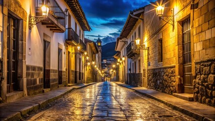 Stone street at night near the main square in Cusco, Peru , cobblestone, architecture, colonial, illuminated