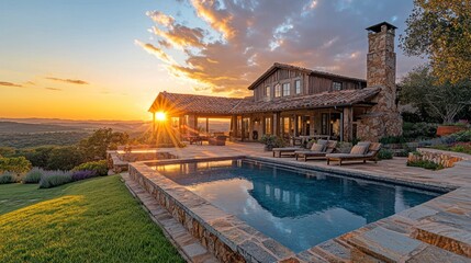 Fototapeta premium Luxurious country home with an infinity pool overlooking a scenic sunset