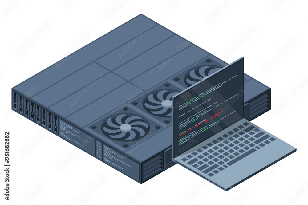 Poster isometric server. server racks. server boxes isolated. network server room. computer network technol