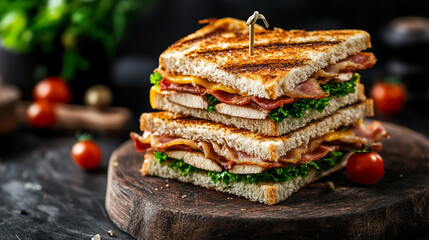 Classic American club sandwich with turkey and bacon.