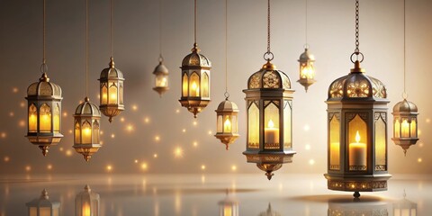 Obraz premium Celebration of Islamic Eid Mubarak and Eid al-Adha lanterns in a light background , Eid, Mubarak, Eid al-Adha, Islamic