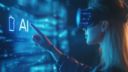 Futuristic Interaction: Young Woman Engaging with AI Hologram Using VR Headset in Tech Environment