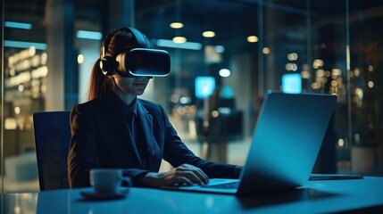 A young businessman seated at her desk, wearing a virtual reality headset and interacting with a simulator, while her laptop is positioned in front of her