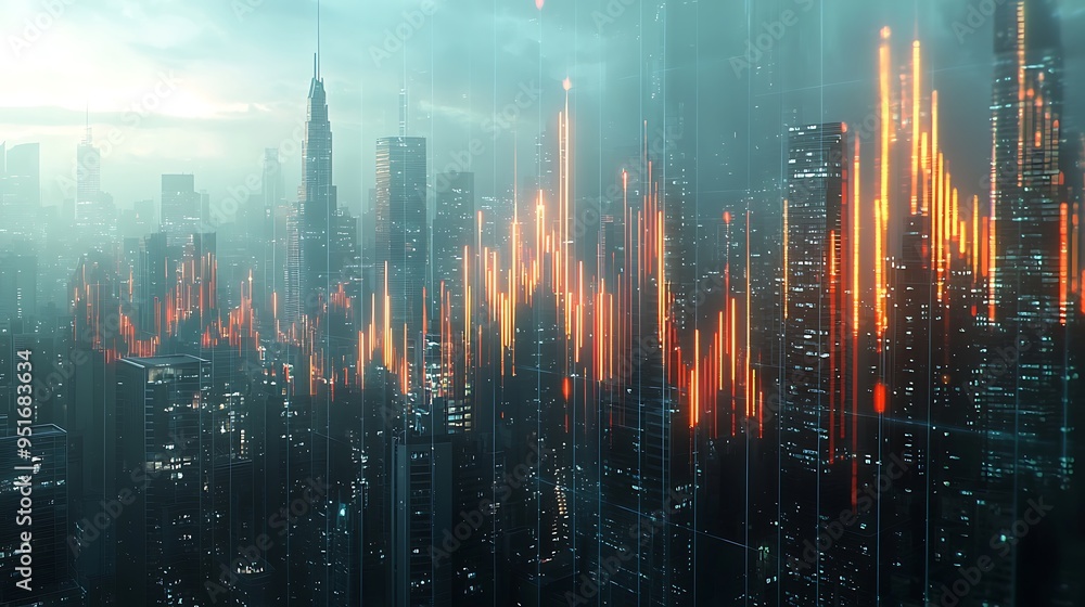 Poster a futuristic cityscape with a digital data overlay merges architecture with the vibrant flow of info