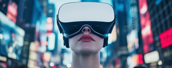 Billboard advertising a virtual reality game in a tech-driven cityscape, immersive advertising, gaming audience