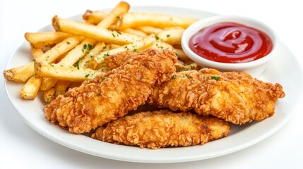Crispy Chicken Tenders with French Fries and Ketchup.