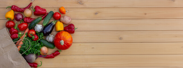 fresh vegetables and paper bag on wooden background. Selective focus