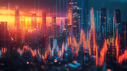 Neon lights and data streams flow through a futuristic cityscape, blending urban architecture with the pulse of digital information.