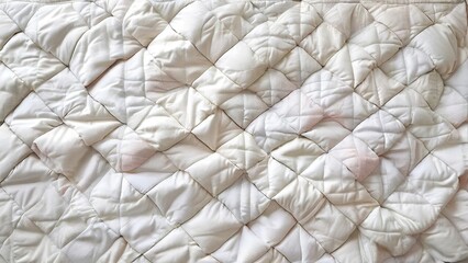 Close-up of a white quilted fabric with a diamond pattern, showing a slightly wrinkled texture and faint pink marks.