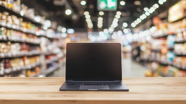 A slim laptop on a wooden table inside a supermarket, mockup shot, professional product photography