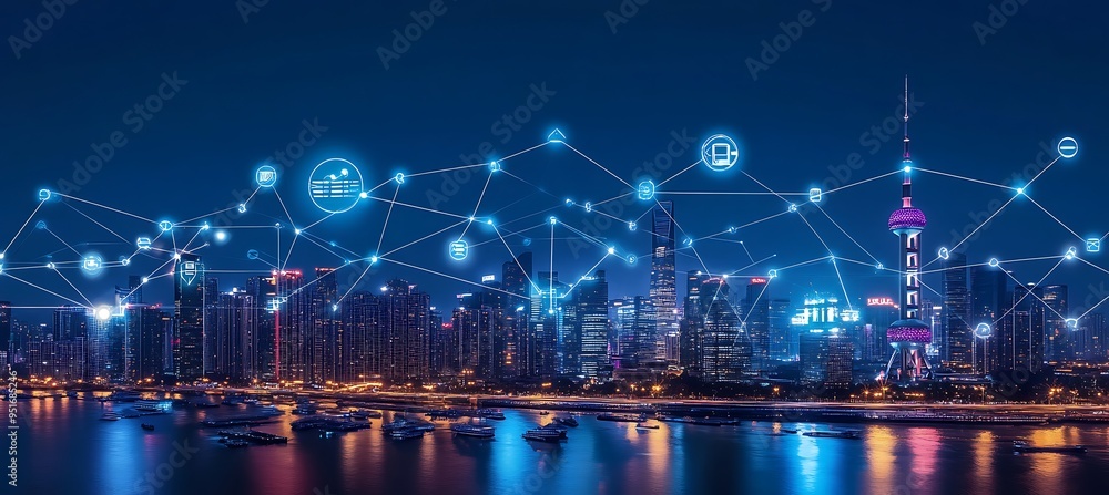 Poster a futuristic skyline with floating buildings and digital interfaces