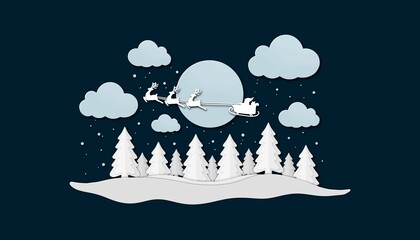 Winter landscape background. Illustration with christmas tree and snowflakes. Merry Christmas greeting card. Paper cut out design.