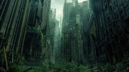 Naklejka premium postapocalyptic cityscape with crumbling skyscrapers overgrown vegetation reclaiming streets dramatic lighting sense of abandonment and decay