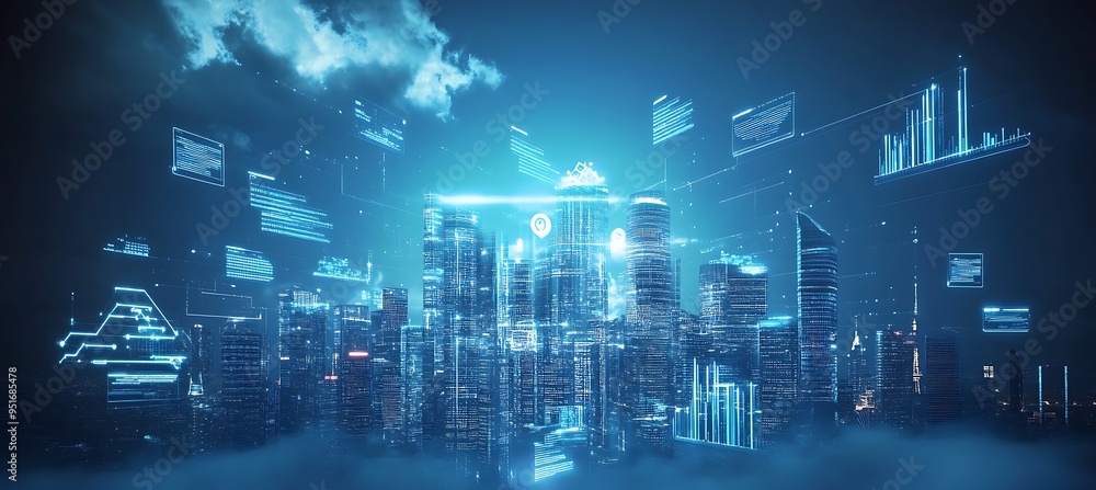 Aufkleber a futuristic skyline with floating buildings and digital interfaces