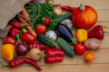 fresh vegetables and paper bag on wooden background. Selective focus