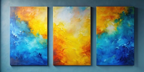 Abstract triptych wall art with blue, yellow, and orange hues, abstract, triptych, wall art, blue, yellow, orange, hues