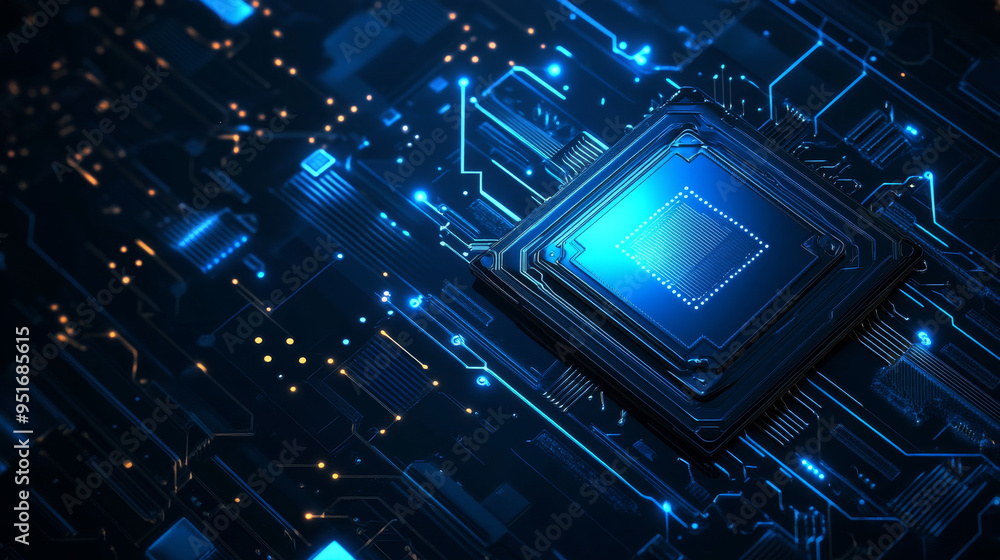 Aufkleber light blue cpu set against a dark technology background, featuring an abstract digital polygonal com