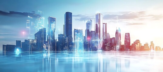A futuristic skyline with floating buildings and digital interfaces