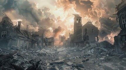 postwar scene of a destroyed town with collapsing buildings and debris apocalyptic illustration