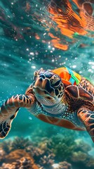 turtle with colorful lifejacket in the sea, hyper-realistic 