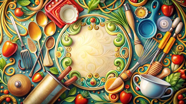 Colorful illustrated cookbook cover with utensils, ingredients and kitchen tools surrounded by elegant swirls and ornate borders