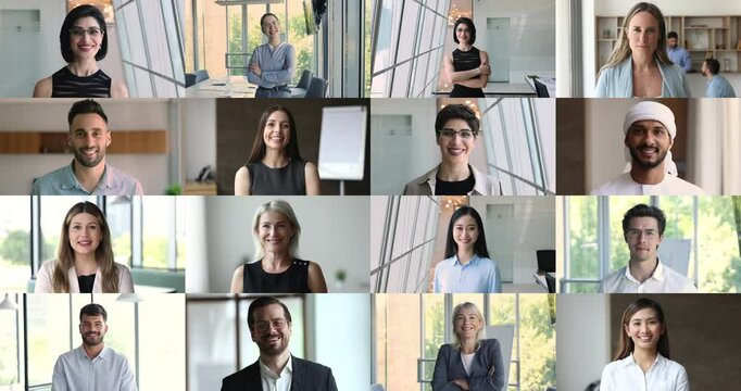 Collage showcase group of multinational young and mature businesspeople, represent team or collective posing in office, looking at camera. Diversity, global collaboration, cross-cultural communication