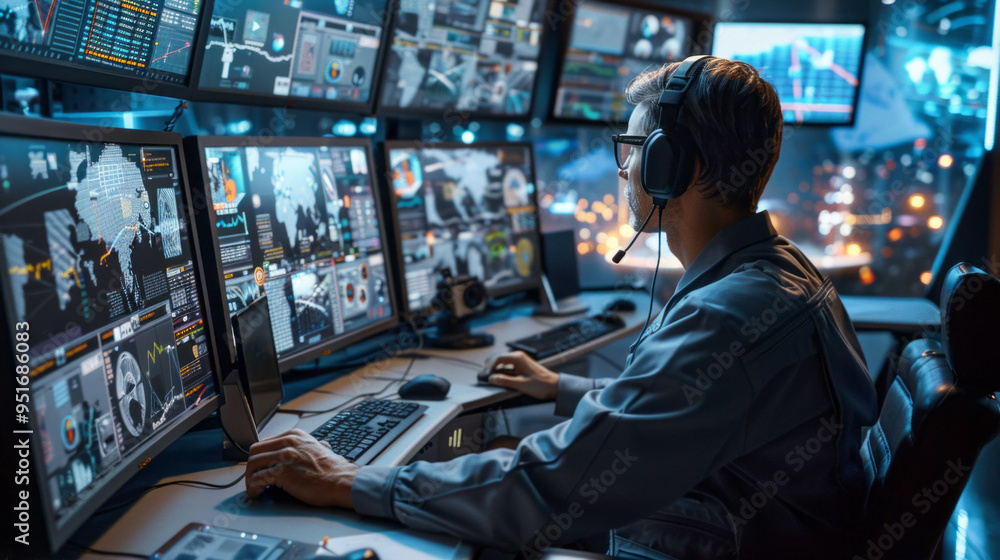 Aufkleber a man is sitting in front of a computer monitor with a headset on