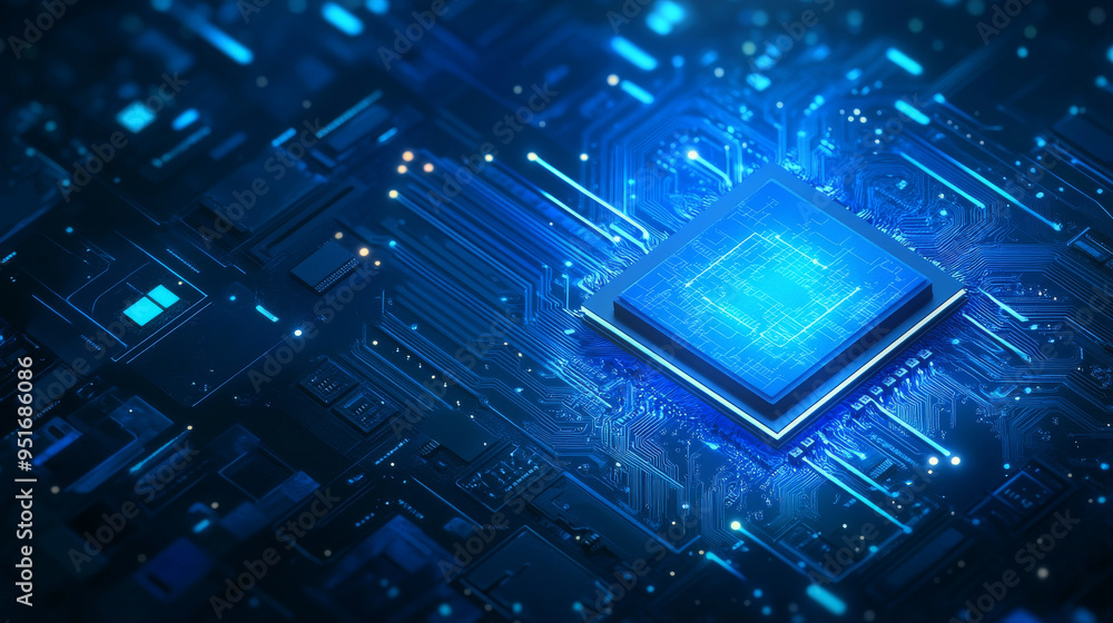 Poster light blue cpu set against a dark technology background, featuring an abstract digital polygonal com