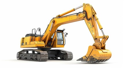 powerful excavator in action pose isolated on pure white background detailed mechanical components hydraulic arms extended industrial yellow paint