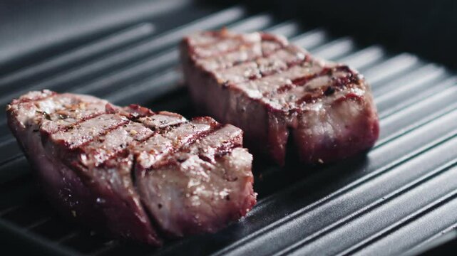 Slow motion slide shot of preparing steak filet mignon on a grill pan