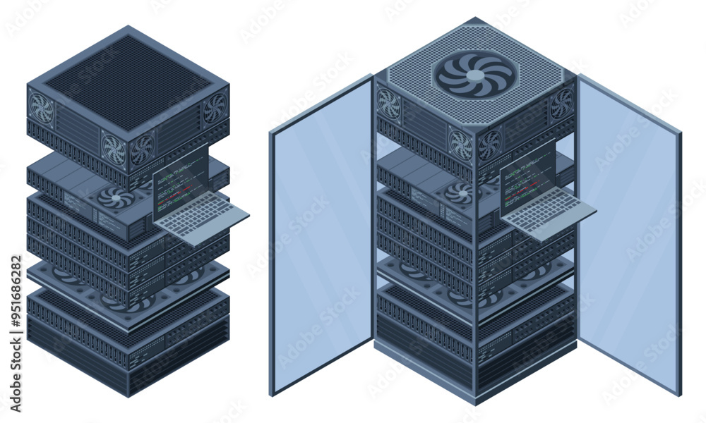 Poster isometric server. server racks. server boxes isolated. network server room. computer network technol