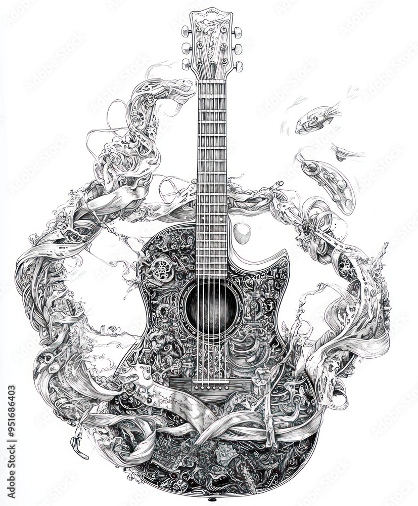 Poster An intricately designed acoustic guitar surrounded by flowing decorative elements.