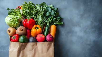 A grocery bag overflowing with vibrant, fresh produce, including leafy greens, fruits, and vegetables, set against a clean background