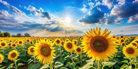 Fototapeta premium Vibrant sunflower field under a bright blue sky, showcasing nature's beauty and tranquility in a picturesque landscape