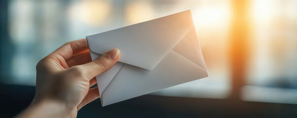 Hand holding a sealed business envelope tightly, with soft light highlighting the fingers, conveying the weight and importance of whistleblower documents