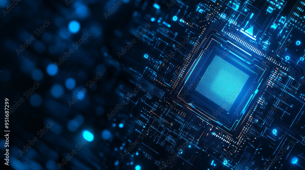 Poster light blue cpu set against a dark technology background, featuring an abstract digital polygonal com