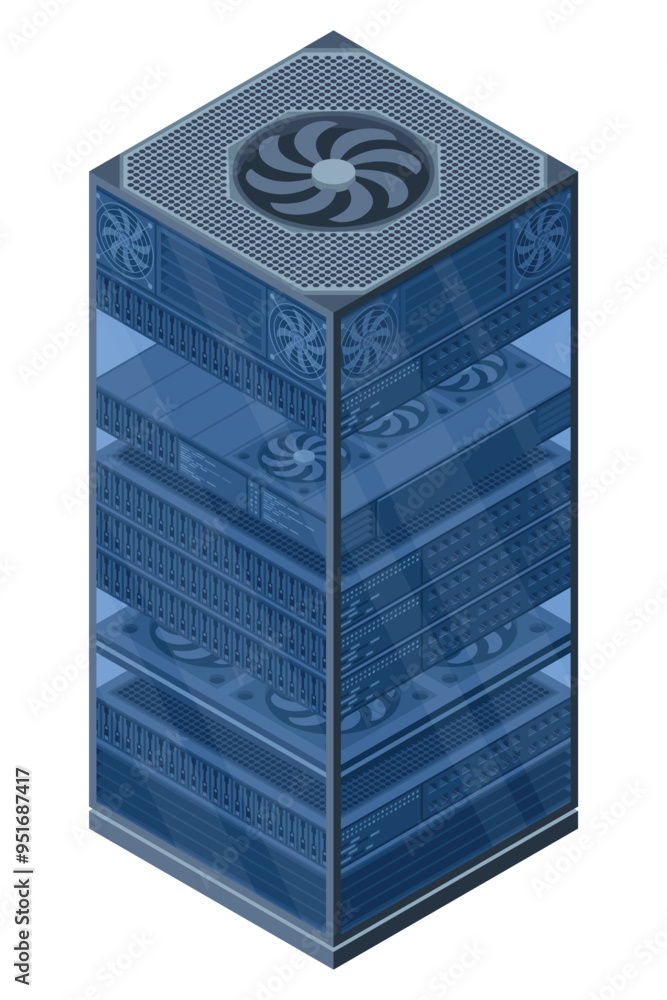 Poster isometric server. server racks. server boxes isolated. network server room. computer network technol