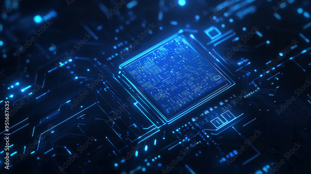 Poster light blue cpu set against a dark technology background, featuring an abstract digital polygonal com
