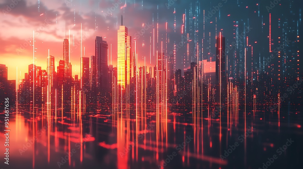 Poster neon lights and reflections define a futuristic cityscape, creating a vibrant and mirrored view of a