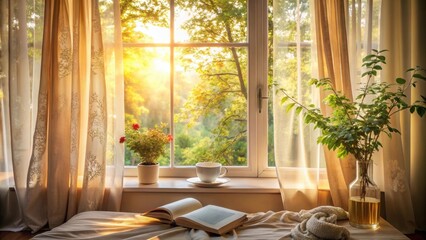 A cozy and serene morning scene with soft sunlight streaming through the curtains , Morning, magic, sunrise, peaceful