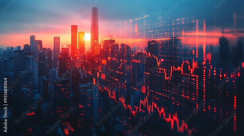 Poster a cityscape at sunset features red light trails and a data overlay, combining the movement of urban 