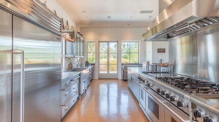 professional kitchen with gleaming stainless steel countertop industrialgrade appliances efficient layout chefs perspective clean and modern design