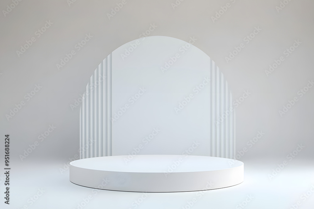 Poster Empty podium or pedestal display on white background with cylinder stand concept. Blank product shelf standing backdrop. 3D rendering.