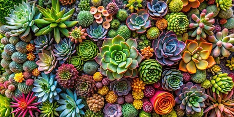 Vibrant succulent wall with a variety of shapes, textures, and colors
