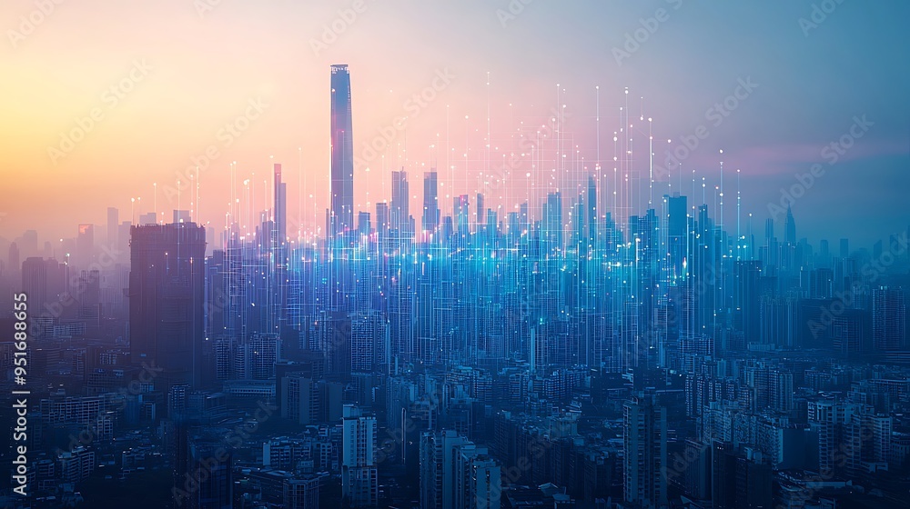 Poster a modern cityscape at sunset with a connected digital network illustrates the seamless integration o
