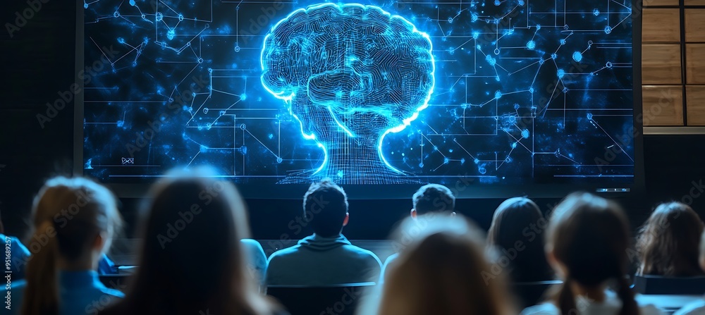 Poster a futuristic world with ai-powered smart grids and vibrant holograms.