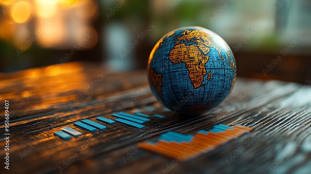 Poster a globe and colorful bar graph sit on a wooden tabletop, symbolizing global analytics and the interc