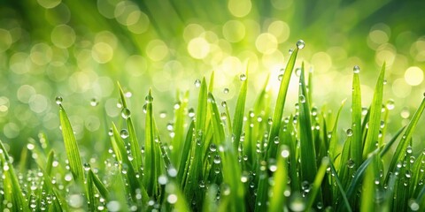 Fototapeta premium Green spiky grass glistening with raindrops , nature, green, grass, spikes, rain, drops, water, wet, outdoors, fresh